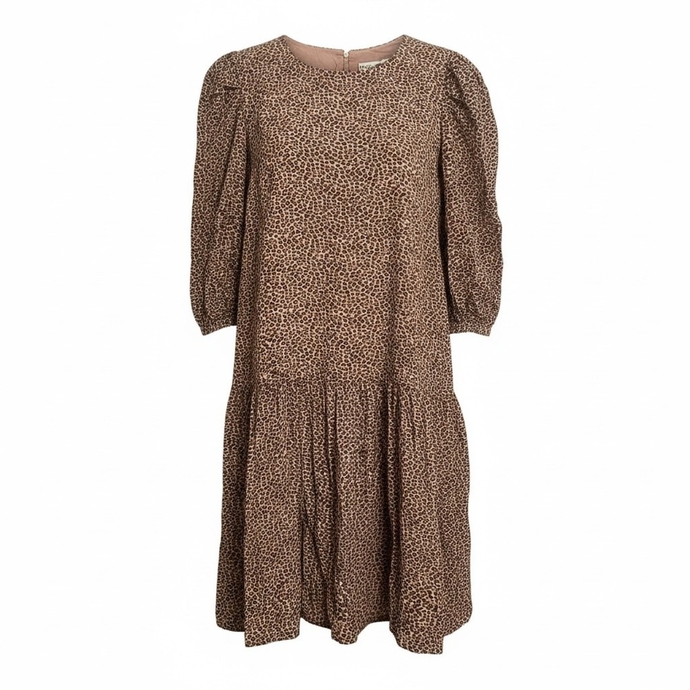 Leopard Print Tiered Puff Sleeve Midi Dress Brown Trendy Boho Chic Animal Print - Picture 2 of 6